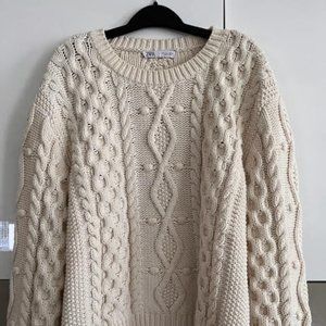 ZARA IVORY CREWNECK COTTON KNIT SWEATER SIZE LARGE